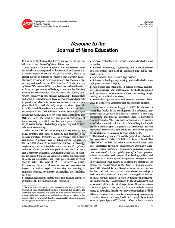 (PDF) Welcome to the Journal of Nano Education