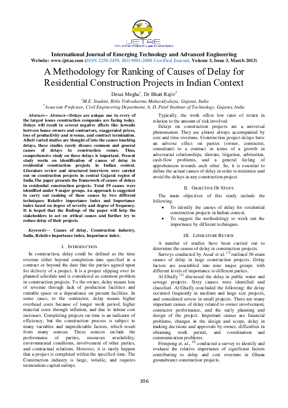 Pdf A Methodology For Ranking Of Causes Of Delay For Residential