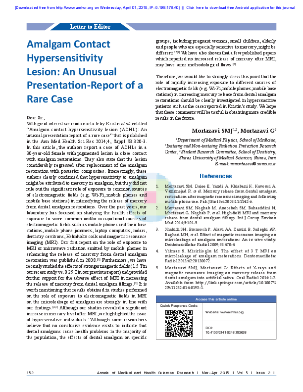 (PDF) HighField MRI and Mercury Release from Dental Amalgam Fillings SMJ Mortazavi, Ph.D