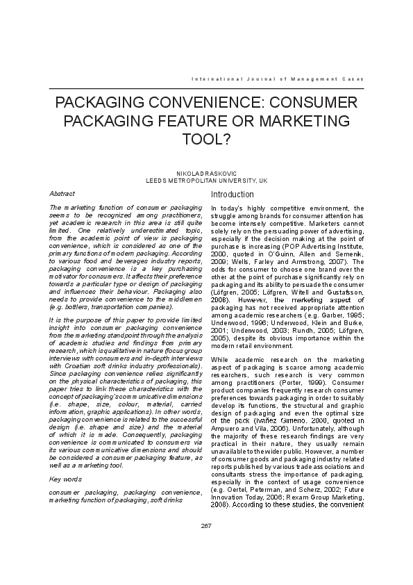 (PDF) PACKAGING CONVENIENCE CONSUMER PACKAGING FEATURE OR MARKETING TOOL? Nikola Draskovic
