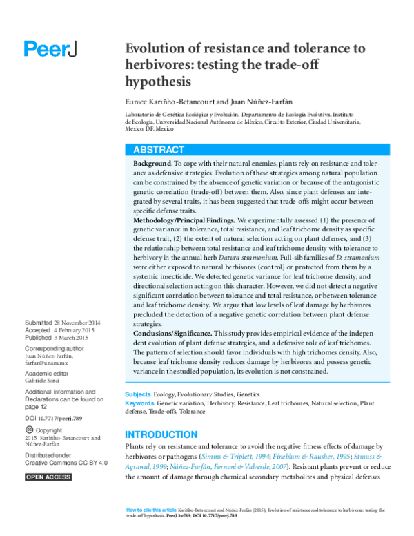 (PDF) Evolution of resistance and tolerance to herbivores: testing the ...