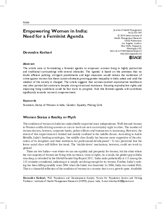 (PDF) Empowering Women in India: Need for a Feminist Agenda