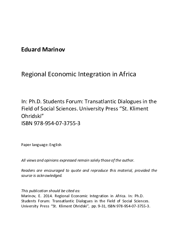 Pdf Regional Integration In Africa