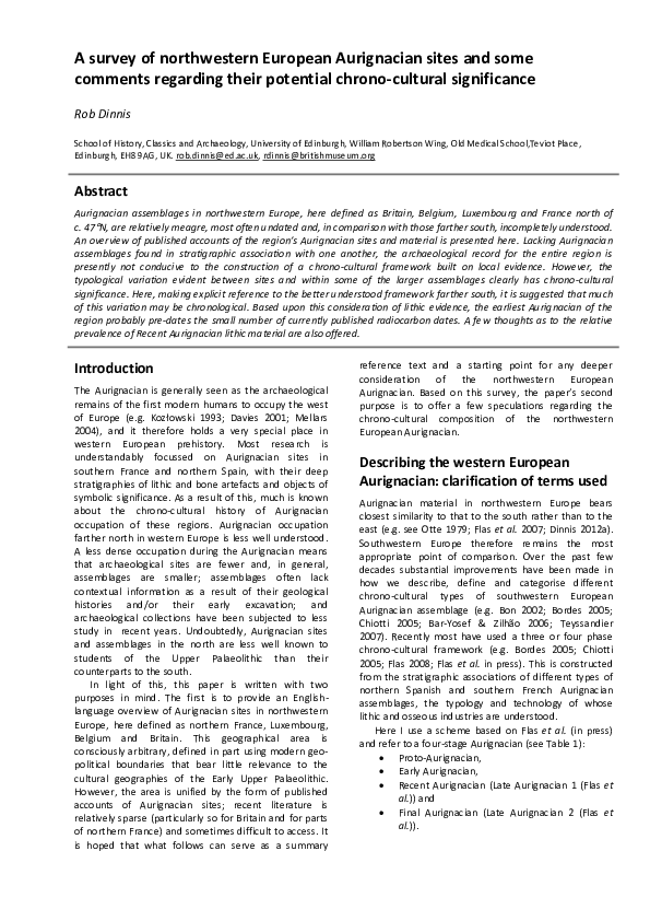 Dinnis, R. 2015. A survey of northwestern European Aurignacian sites and some comments regarding their potential chrono-cultural significance. In N. Ashton & C. Harris (ed.), No Stone Unturned: Papers in Honour of Roger Jacobi, pp. 59-76. Lithics Studies Society Occasional Paper 9.