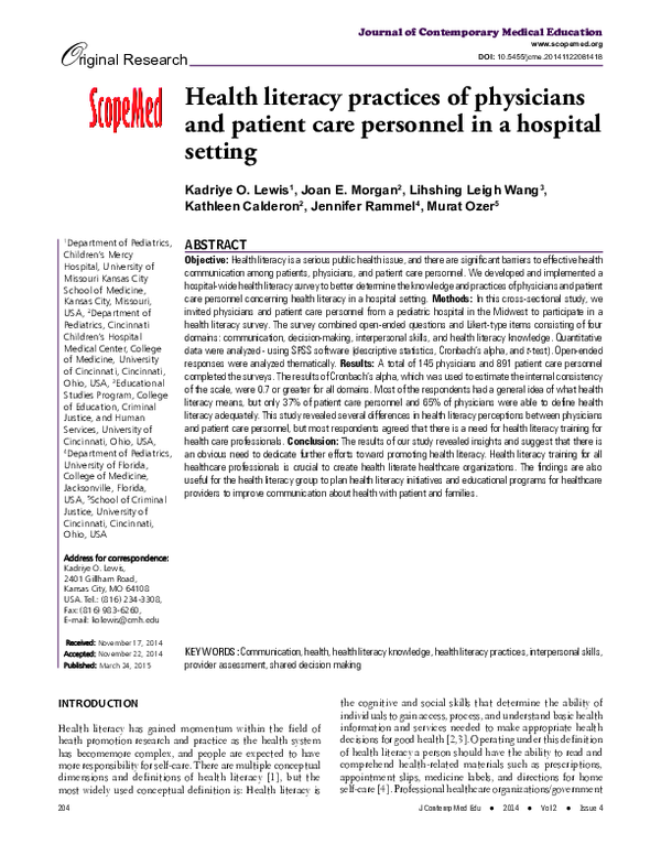 (PDF) Health literacy practices of physicians and patient care ...
