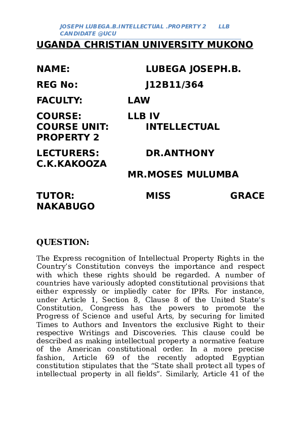 (DOC) Intellectual Property Rights In the Constitution of Uganda