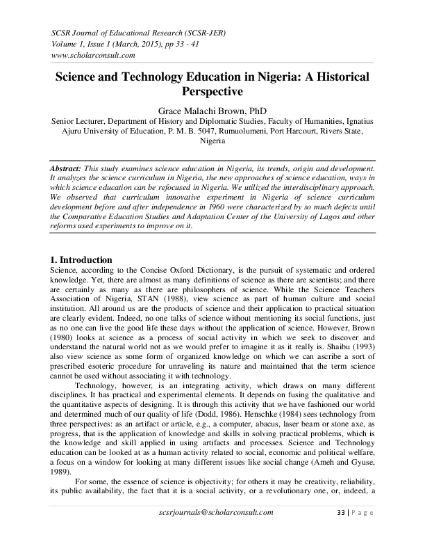 (PDF) Science and Technology Education in Nigeria A Historical