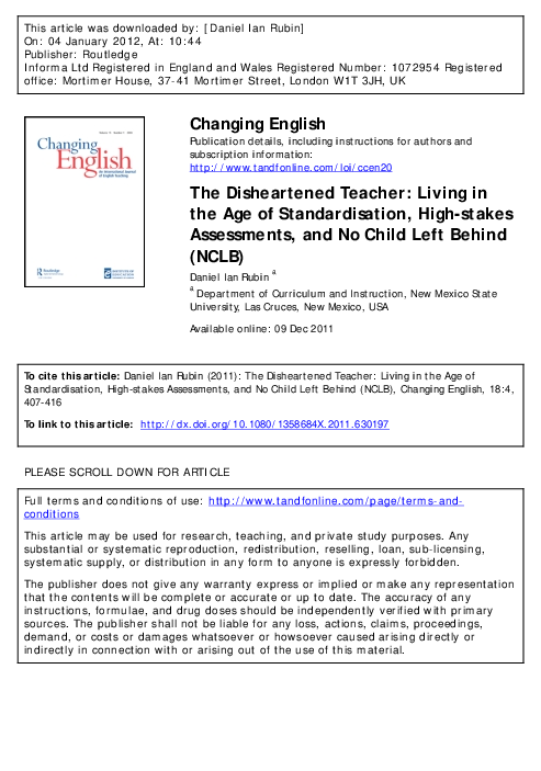 Pdf The Disheartened Teacher Living In The Age Of Standardization High Stakes Assessments And Nclb Daniel Rubin Academia Edu