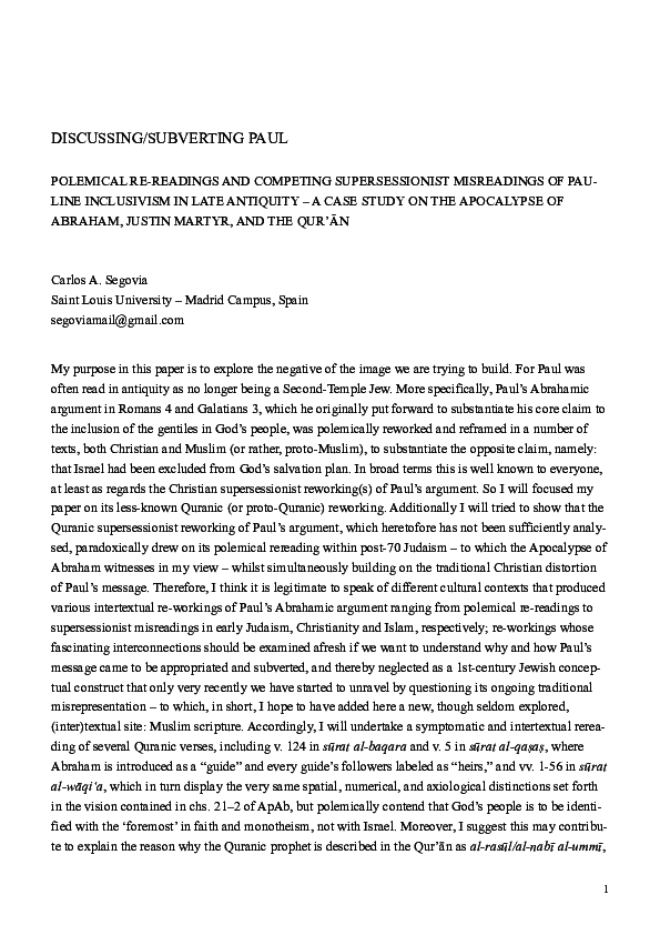 First page of “Discussing/Subverting Paul: Polemical Re-readings and Competing Supersessionist Misreadings of Pauline Inclusivism in Late Antiquity: A Case Study on the Apocalypse of Abraham, Justin Martyr, and the Qur'ān [2014] / Conference Paper – Book Chapter”