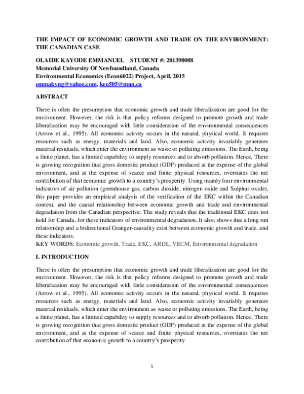 (PDF) THE IMPACT OF ECONOMIC GROWTH AND TRADE ON THE ENVIRONMENT: THE ...