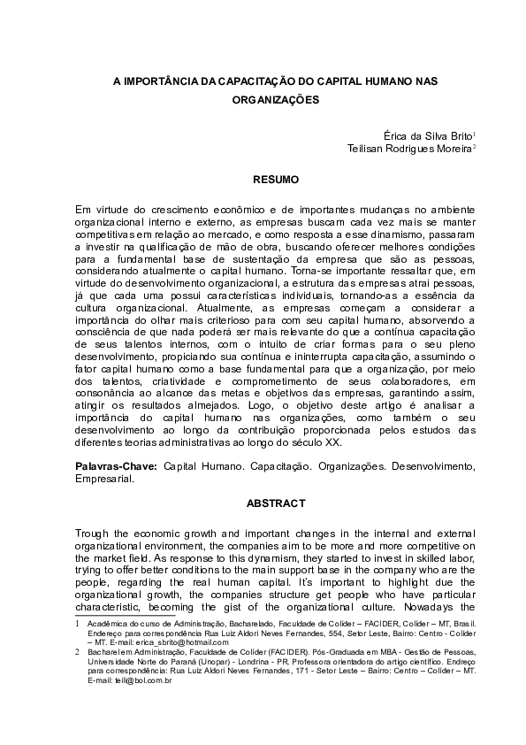 Pdf A Importância Da Capacitação Do Capital Humano Nas Organizações