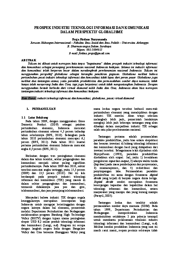 Doc Prospek Industri Teknologi Informasi Dan Komunikasi Dalam Perspektif Globalisme Praja Firdaus Academia Edu