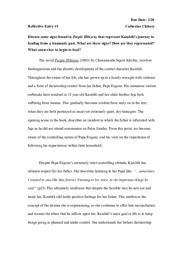 (DOC) Purple HibiscusLiterature Reflection Catherine Clohesy