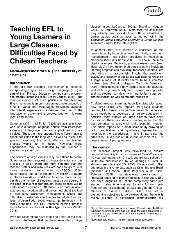 (PDF) Teaching EFL to young learners in large classes: Difficulties ...