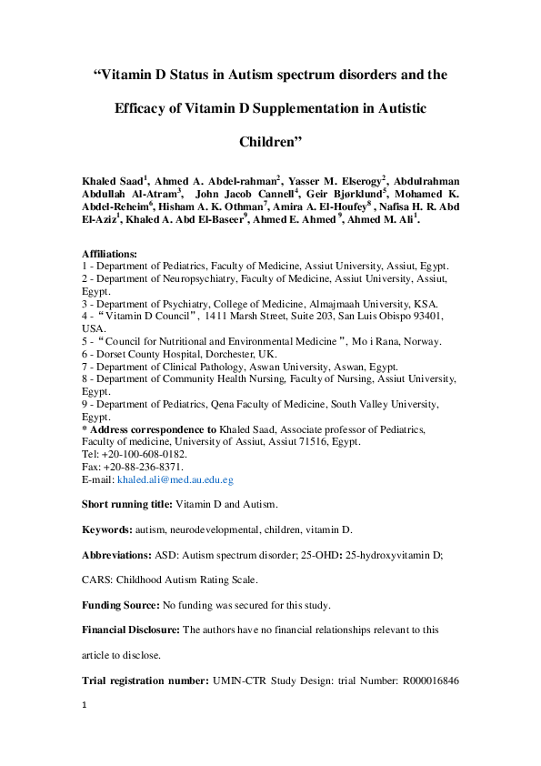 (PDF) “Vitamin D Status in Autism spectrum disorders and the Efficacy ...