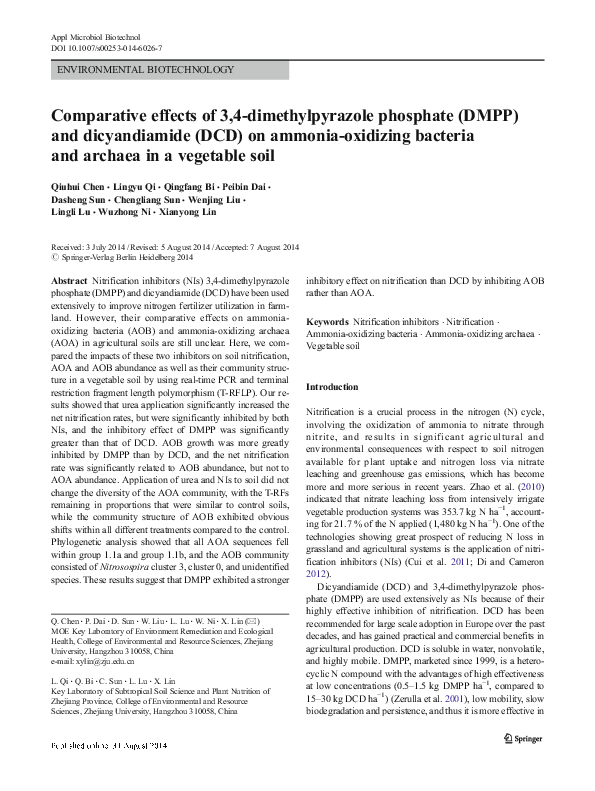 Pdf Comparative Effects Of 3 4 Dimethylpyrazole Phosphate Dmpp And Dicyandiamide Dcd On Ammonia Oxidizing Bacteria And Archaea In A Vegetable Soil Qf Bi Academia Edu