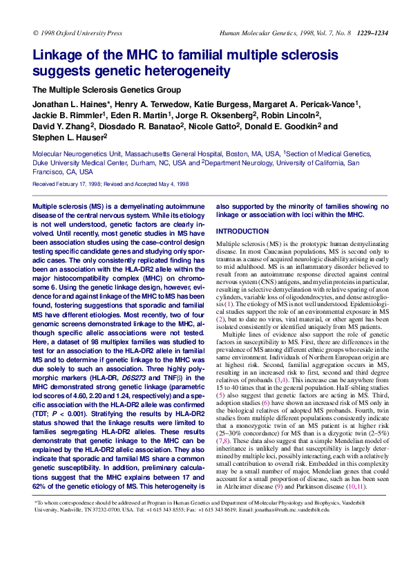 (PDF) Linkage of the MHC to familial multiple sclerosis suggests ...