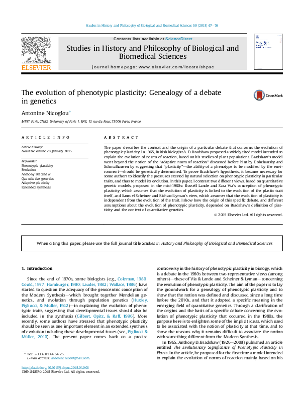 (PDF) The evolution of phenotypic plasticity: genealogy of a debate in ...