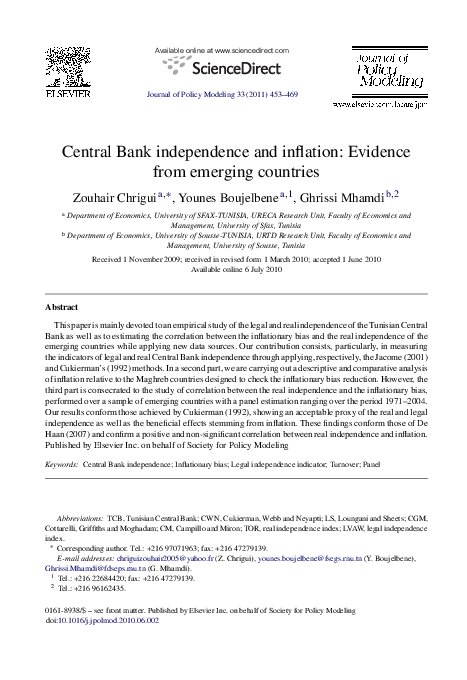 (PDF) Central Bank independence and inflation: Evidence from emerging ...