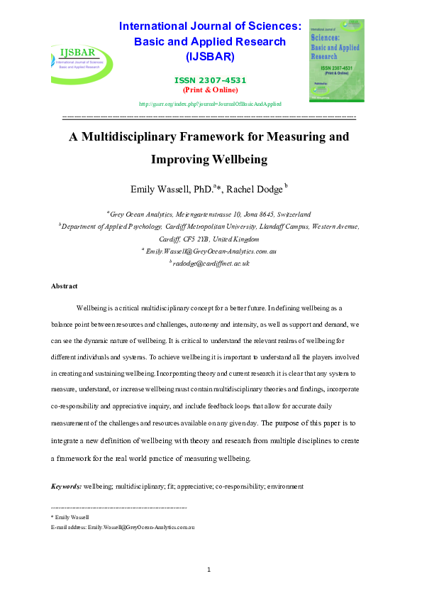 (PDF) A Multidisciplinary Framework f or Measuring and Improving Well being