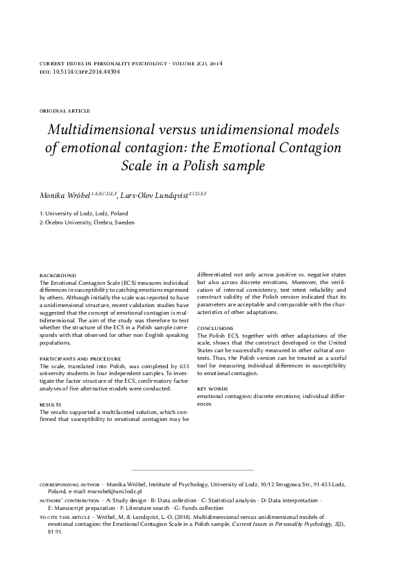 (PDF) Multidimensional versus unidimensional models of emotional