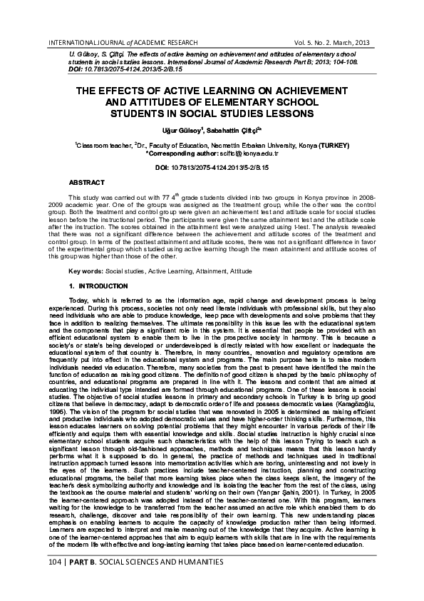 (PDF) THE EFFECTS OF ACTIVE LEARNING ON ACHIEVEMENT AND ATTITUDES OF ...