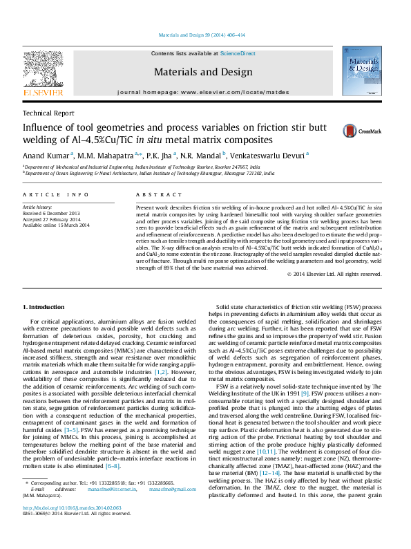 (PDF) Influence of tool geometries and process variables on friction ...