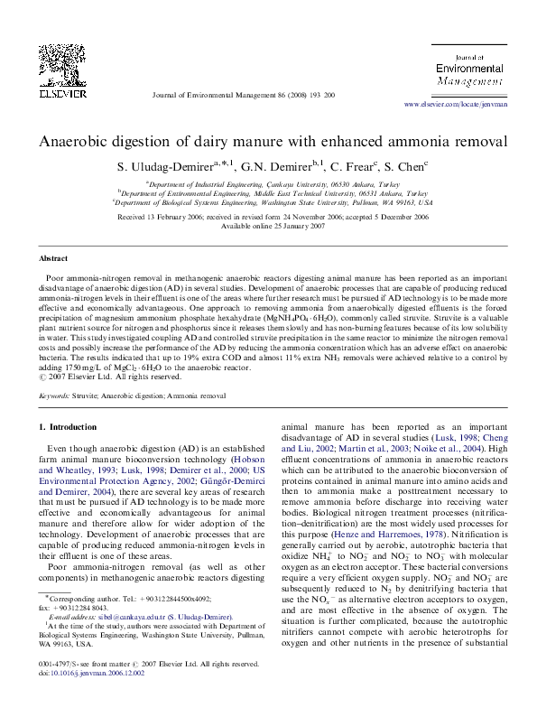 (PDF) Anaerobic digestion of dairy manure with enhanced ammonia removal