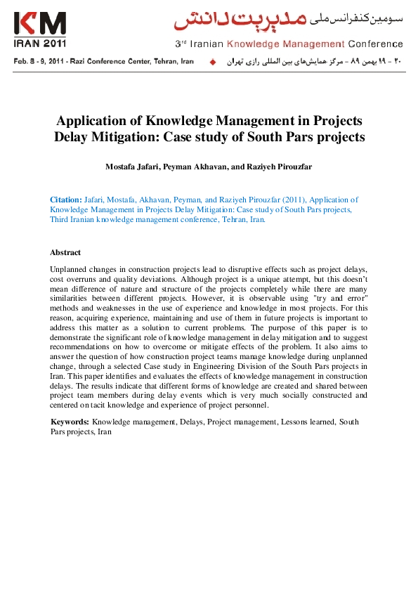 Application of Knowledge Management in Projects Delay Mitigation: Case ...