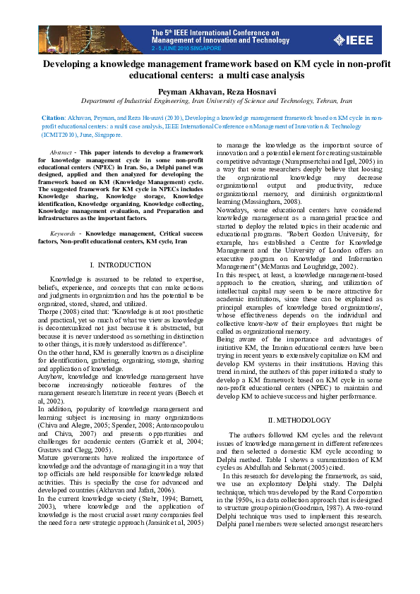 Developing a knowledge management framework based on KM cycle in non ...