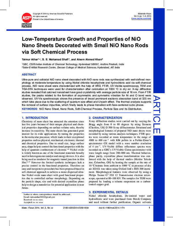 (PDF) Low-Temperature Growth and Properties of NiO Nano Sheets ...