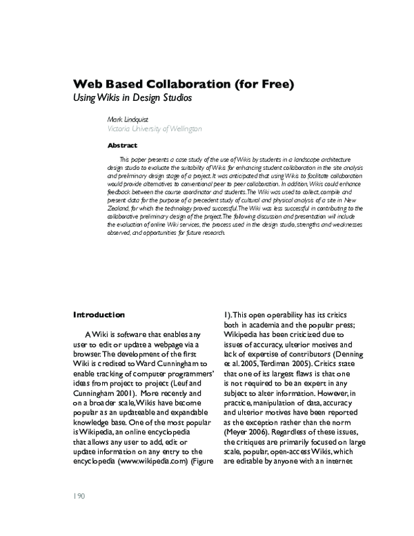 (PDF) Web Based Collaboration (for Free): Using Wikis in Design Studios