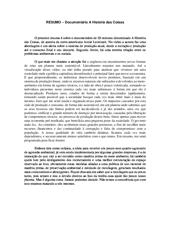 (PDF) RESUMO – Documentário A História das Coisas