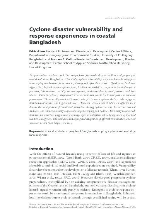 (PDF) Cyclone disasters vulnerability of Bangladeshi coastal communities
