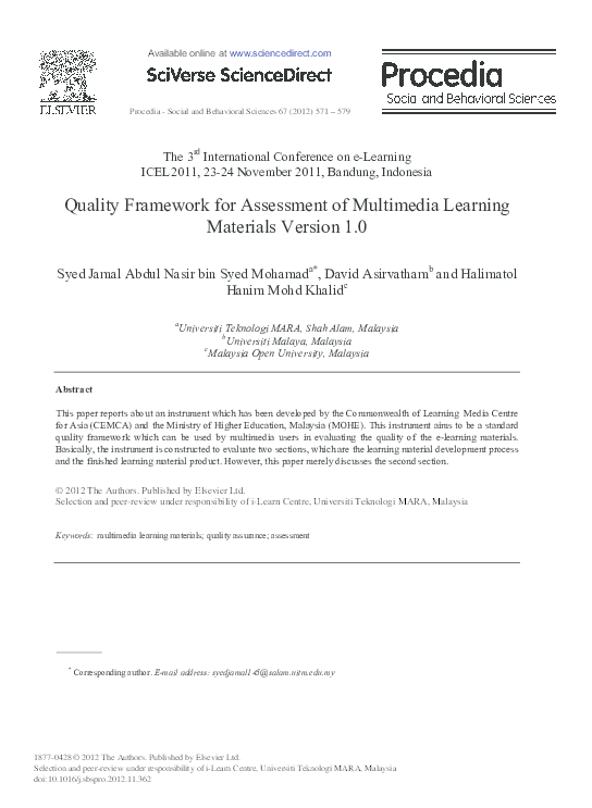(PDF) Quality Framework for Assessment of Multimedia Learning Materials ...