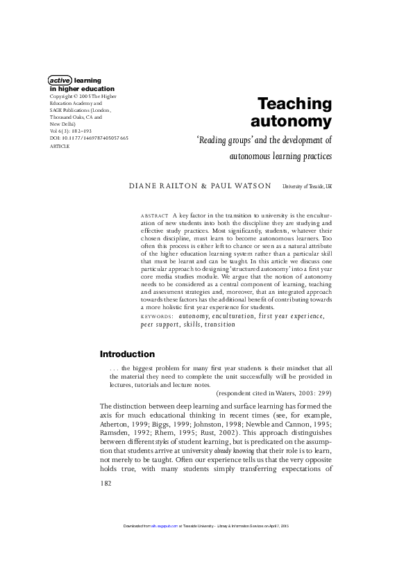 (PDF) ‘Teaching Autonomy: ‘Reading Groups’ and the Development of ...