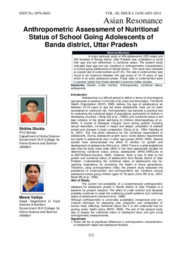 (PDF) Anthropometric Assessment of Nutritional Status of School Going ...
