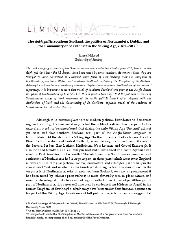 The dubh gall in southern Scotland: the politics of Northumbria, Dublin, and the Community of St Cuthbert in the Viking Age, c. 870-950 CE