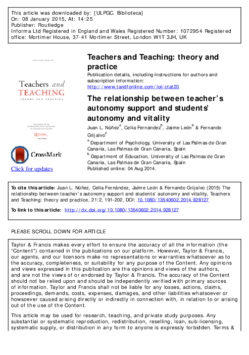 The relationship between teacher’s autonomy support and students ...