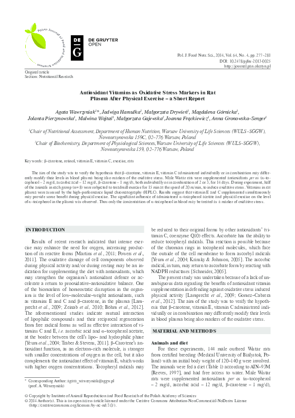 (PDF) Antioxidant Vitamins as Oxidative Stress Markers in Rat Plasma ...