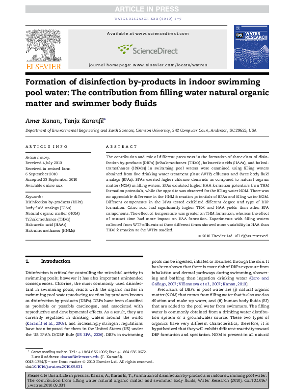 (PDF) Formation of disinfection byproducts in indoor swimming pool water The contribution from