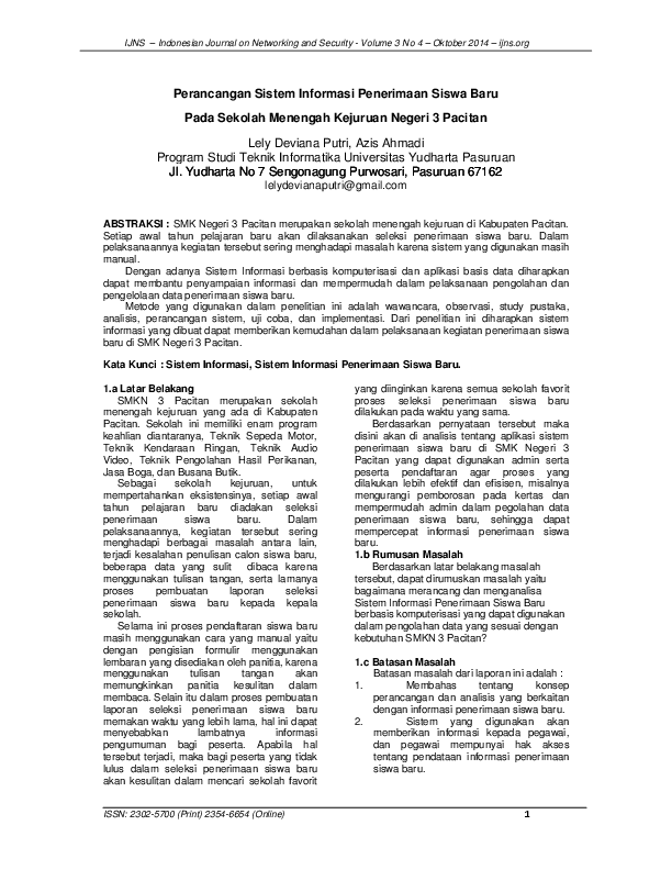 Pdf Perancangan Sistem Informasi Penerimaan Siswa Baru Indonesian Journal On Networking And Security Academia Edu