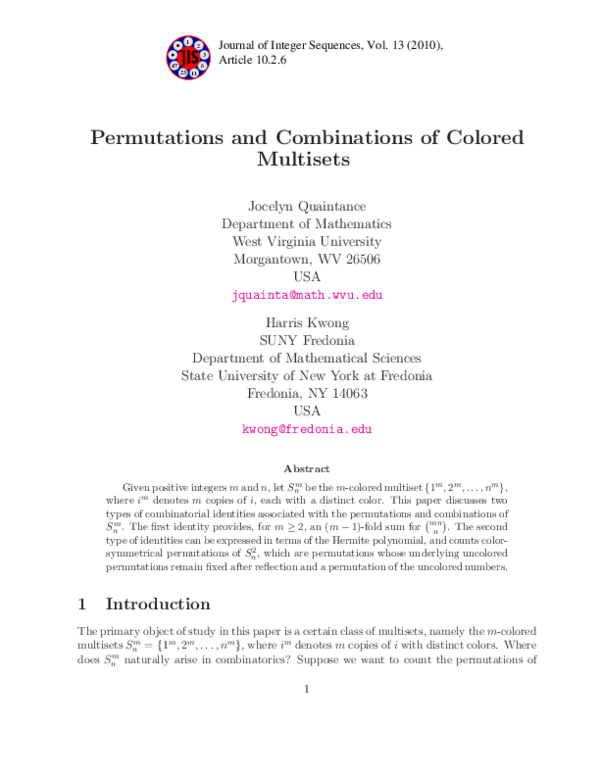 (PDF) Permutations and Combinations of Colored Multisets