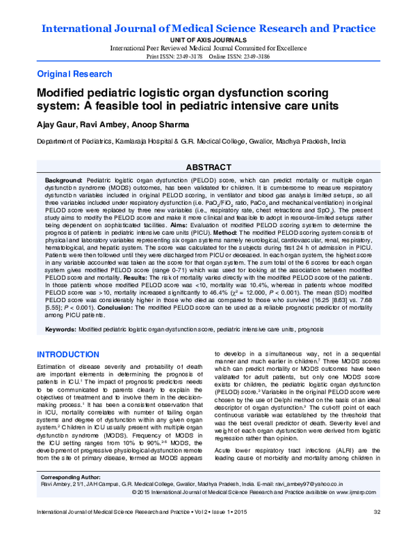 (PDF) Modified pediatric logistic organ dysfunction scoring system: A ...