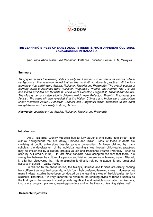 (PDF) THE LEARNING STYLES OF EARLY ADULT STUDENTS FROM DIFFERENT ...