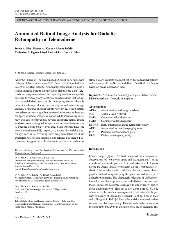 Automated Retinal Image Analysis for Diabetic Retinopathy in Telemedicine