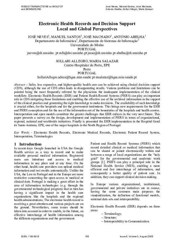 (PDF) Electronic Health Records and Decision Support Local and Global ...