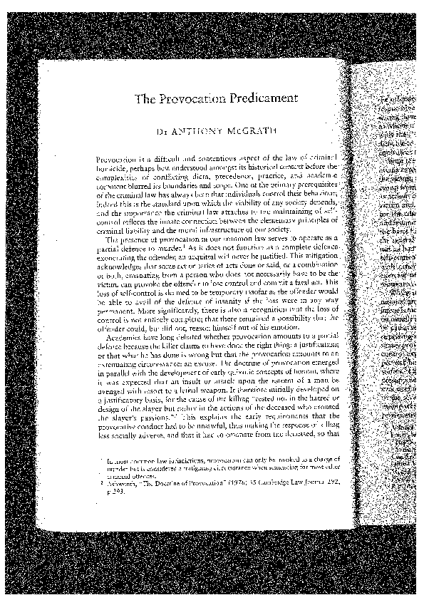 (PDF) The Provocation Predicament : (2010) 9 Hibernian Law Journal 26-38