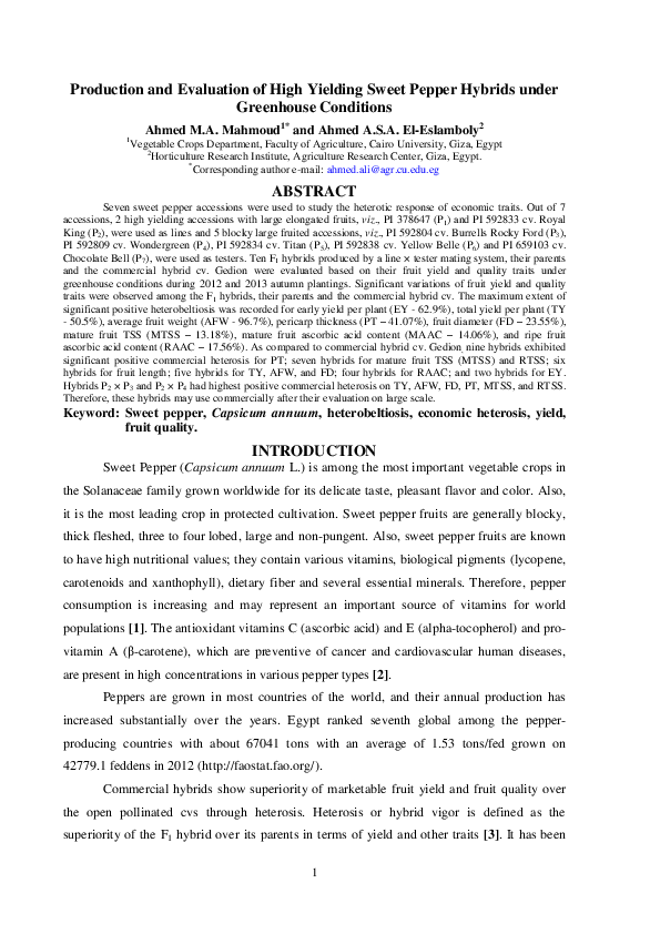 (PDF) Production and Evaluation of High Yielding Sweet Pepper Hybrids