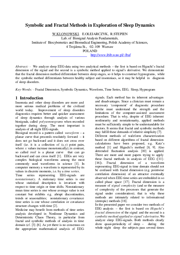 (PDF) Symbolic and Fractal Methods in Exploration of Sleep Dynamics